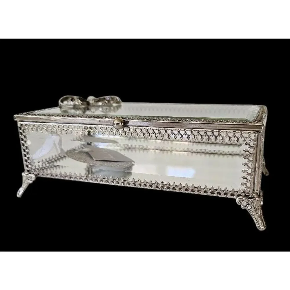 Nicole Miller Ornate Glass Jewelry Box with Crystal Jeweled Embellishment, NWT
